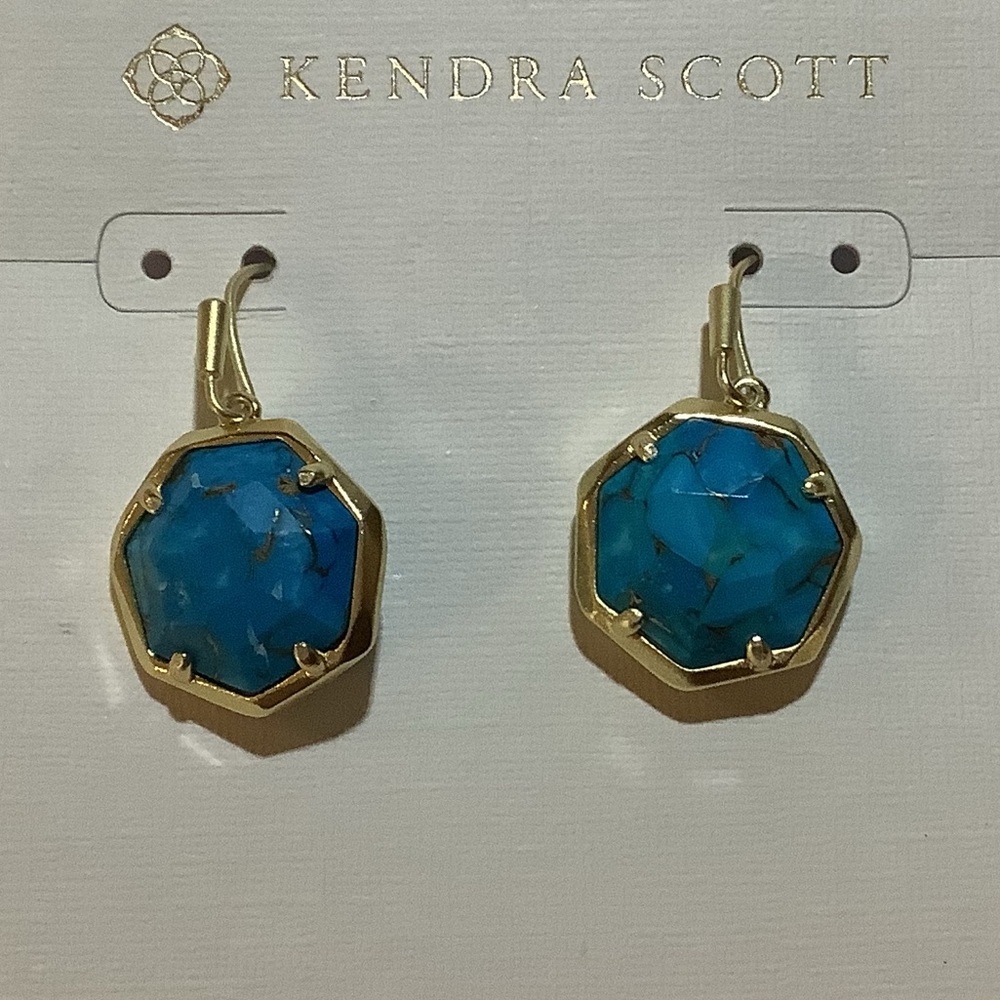 Kendra Scott Cynthia Turquoise Gold Plated Earrings New - Picture 2 of 4